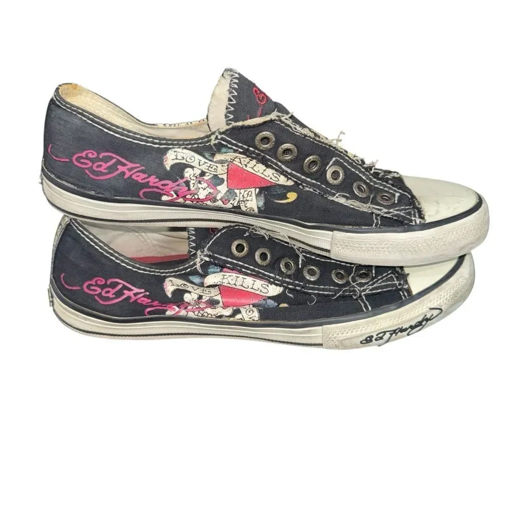 Women’s Ed Hardy Logo Graphic Black Canvas Slip-On Sneakers Y2K 2000’s size 9
